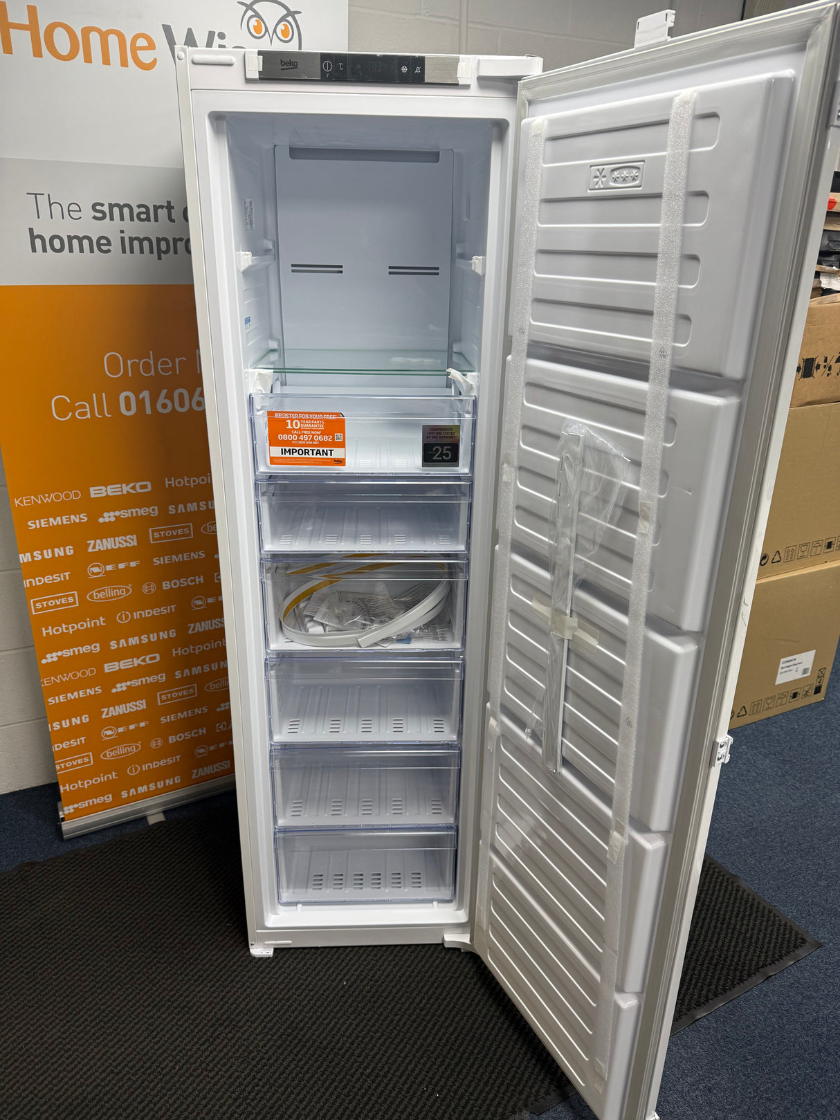 Beko BFFD4577 178cm Integrated Frost Free 220L Tall Upright Freezer with Sliding Hinge - E Rated - GRADED DENTED HW182449