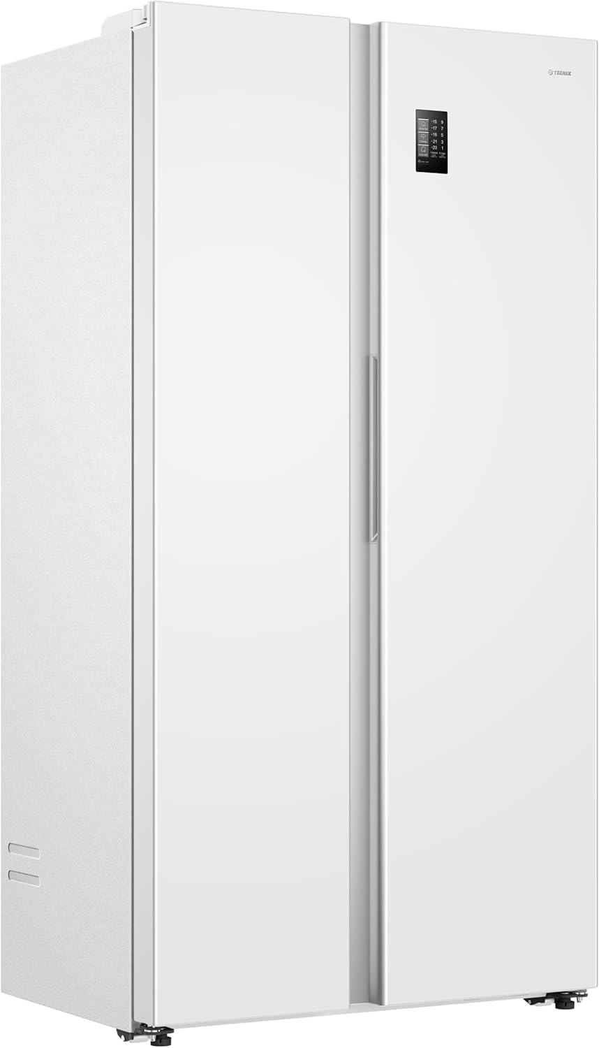 Teknix TX2SBS1791PW American Fridge Freezer in White - 523 Litre Capacity - E Rated - POHW0130 from HomeWise Appliances. Stock photo angled front of the appliance