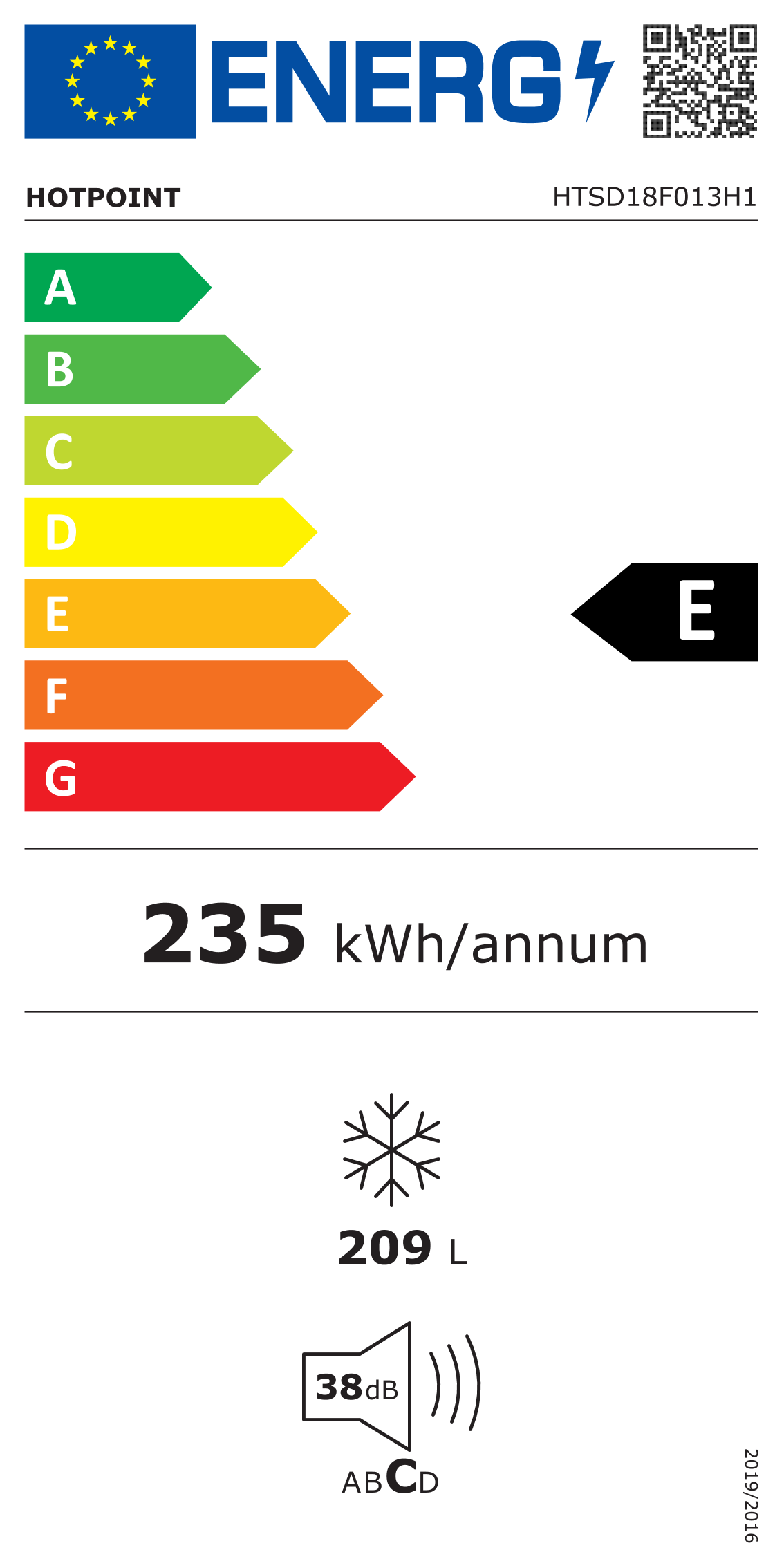 Hotpoint HTSD18F013H1 209 Litre Tall Built-In Freezer with No Frost - E Rated from HomeWise Appliances. stock photo graphic Energy E Rated label