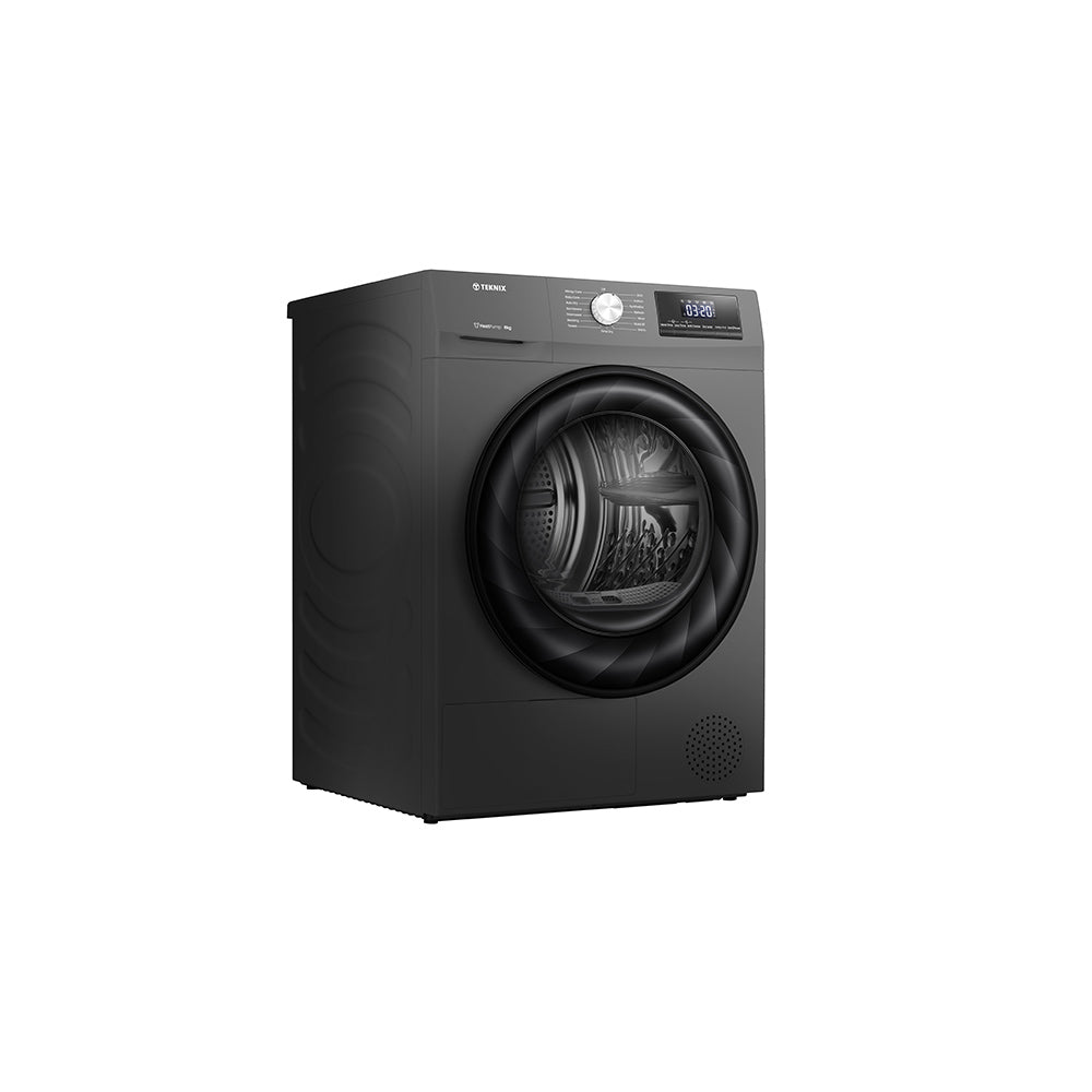 Teknix TKHP8HS 8KG Heat Pump Dryer in Titanium - A++ Rated. Stock photo of the front angled showing left side panel.