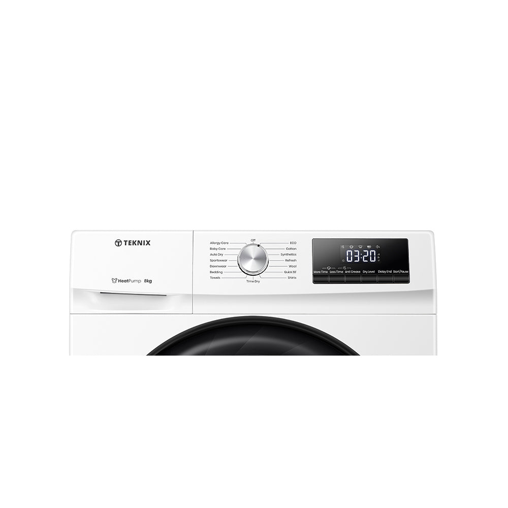 Teknix TKHP8HW 8KG Heat Pump Dryer in White - A++ Rated. Stock photo close up of the control panel.