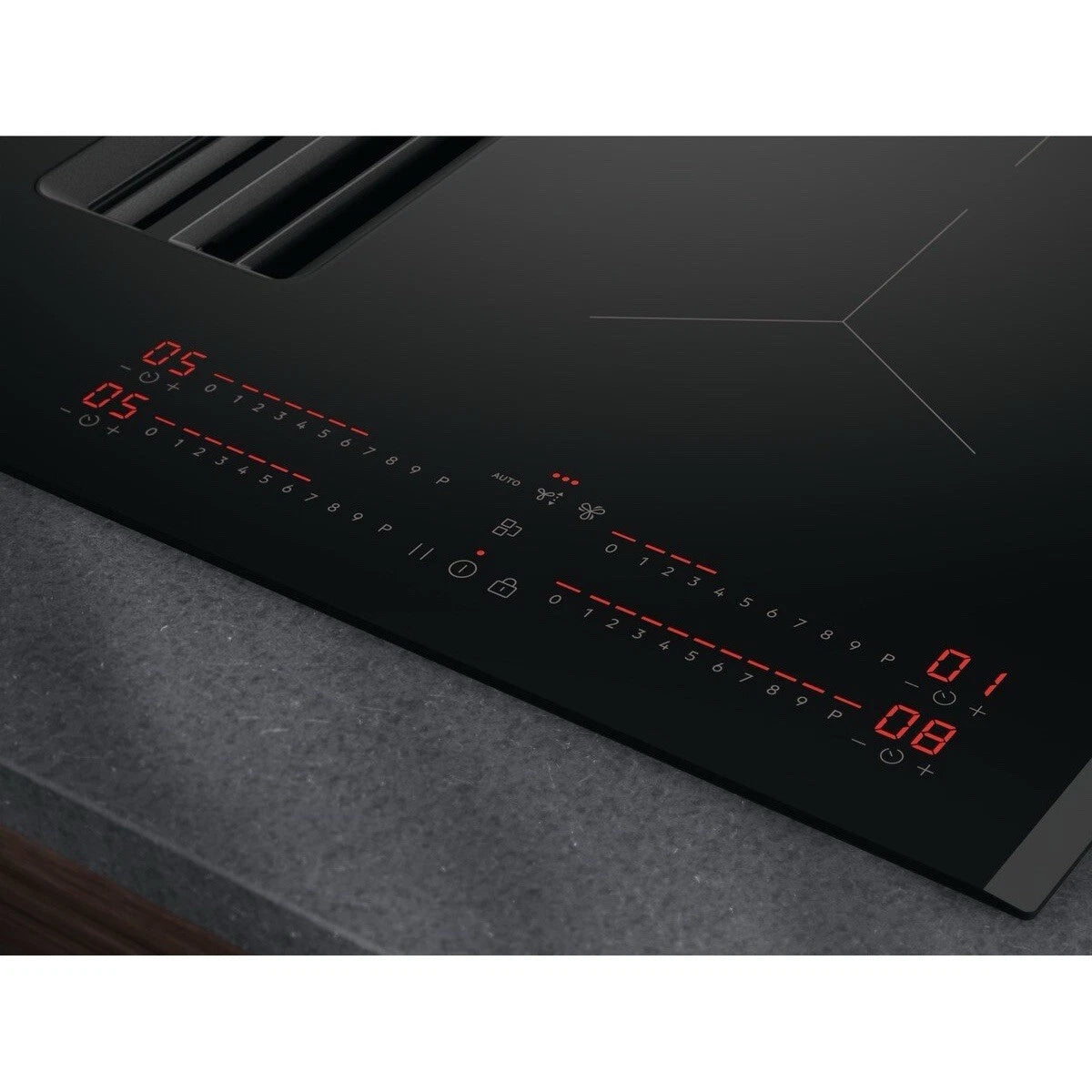 AEG Series 6000 TH84CB03FB 81cm Induction Hob with Venting Extraction in Black - A+ Rated - HW181702-03 from HomeWise Appliances. Stock Photo showing shwing the touch controls and red display settings.