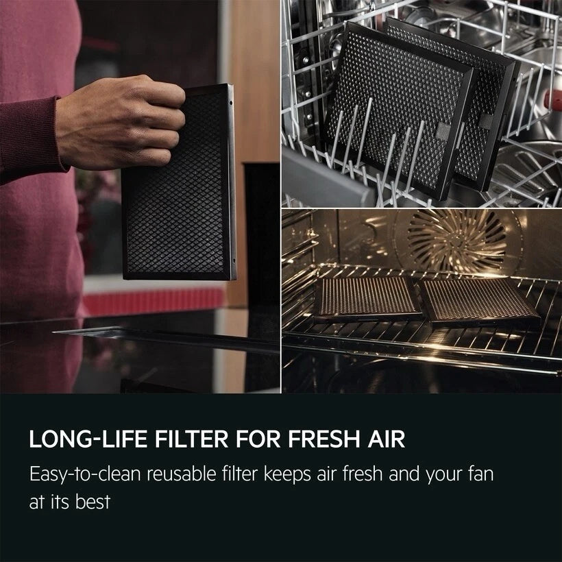 AEG Series 6000 TH84CB03FB 81cm Induction Hob with Venting Extraction in Black - A+ Rated - HW181702-03 from HomeWise Appliances. Stock Photo showing long life filter for frsh air, easy-to-clean reusable filter keeps air fresh and your fan at its best.