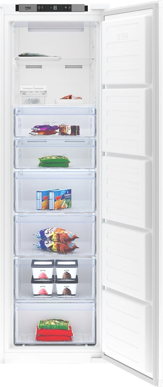 Beko BFFD4577 178cm Integrated Frost Free 220L Tall Upright Freezer with Sliding Hinge - E Rated - GRADED DENTED HW182449