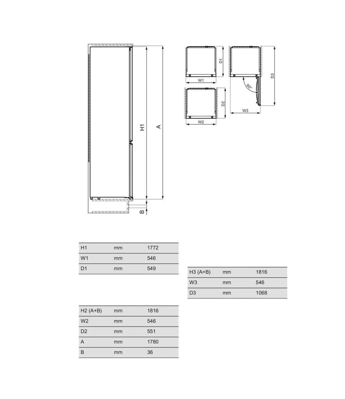 AEG 6000 TwinTech® OSC6N181ES (37) 177cm 70/30 Integrated Fridge Freezer with Sliding Door Hinge in White - E Rated - (Ex Display) - HW182337