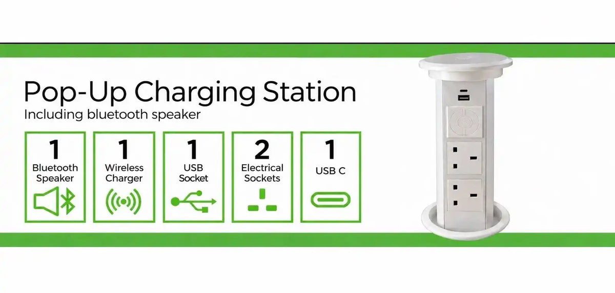 N28-0200WHUK Motorised PopUp Socket with Bluetooth® Technology Speaker and Wireless Charging - (New Boxed) - HW182913
