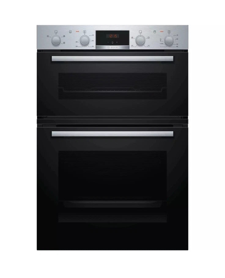 Bosch Series 2 MHA133BR0B (79) Built In Electric Double Oven in Stainless Steel from HomeWise Appliances. Stock photo showing front of oven with doors closed.
