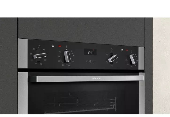 Neff N50 U1ACE2HN0B (10) Built-In Electric Double Oven in Stainless Steel - A Rated from HomeWise Appliances stock photo close up of the LED display and control panel
