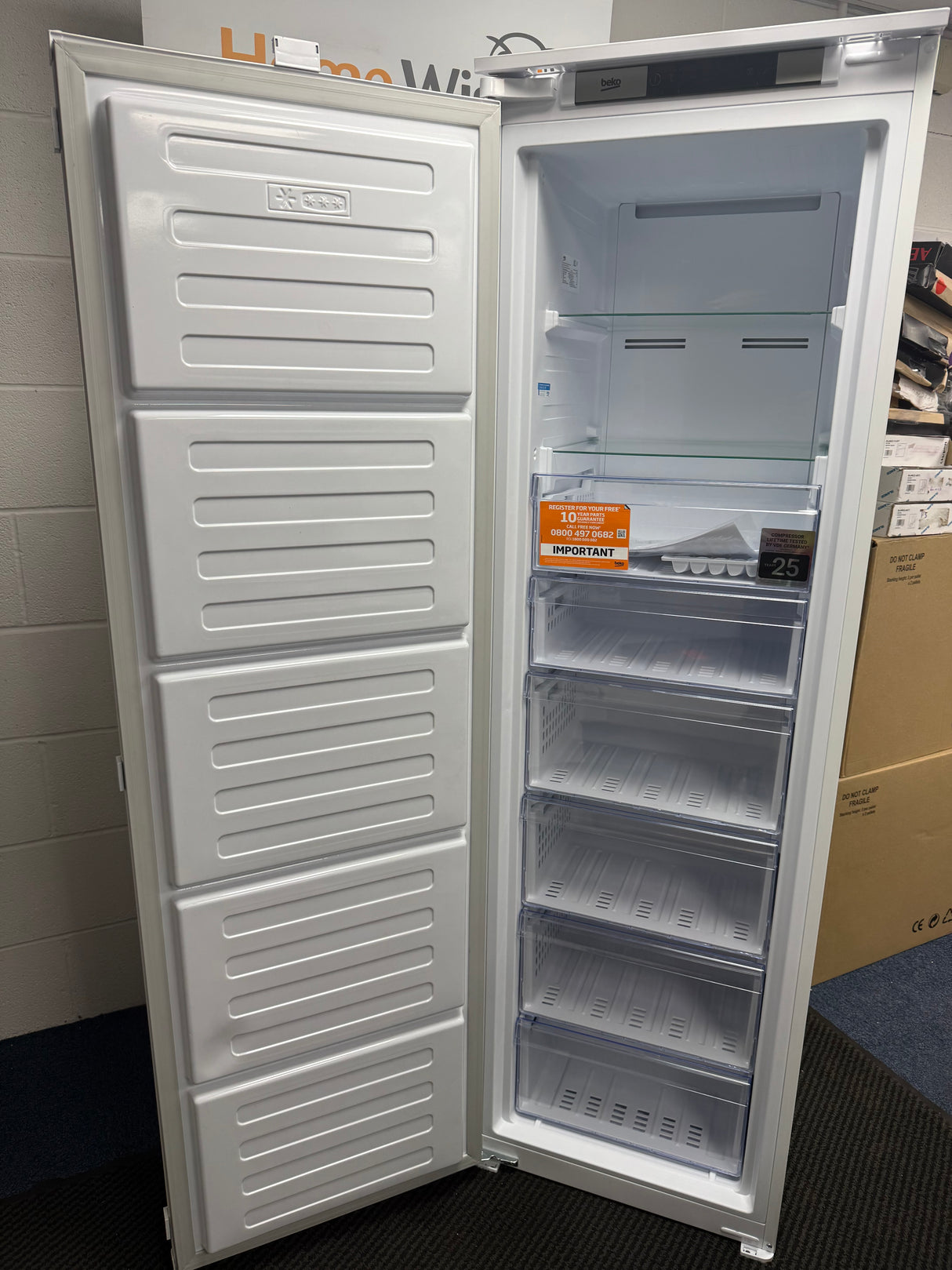Beko BFFD4577 (59) 178cm Integrated Frost Free 220L Tall Upright Freezer with Sliding Hinge - E Rated - (Ex display blemished) - HW182559
