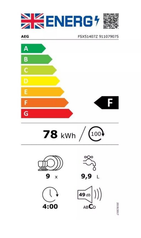 AEG FSX51407Z Series 5000 AirDry 45cm Integrated Slimline Dishwasher with Black Control Panel, F Rated from HomeWise Appliances. Stock photo showing energy efficiency label.