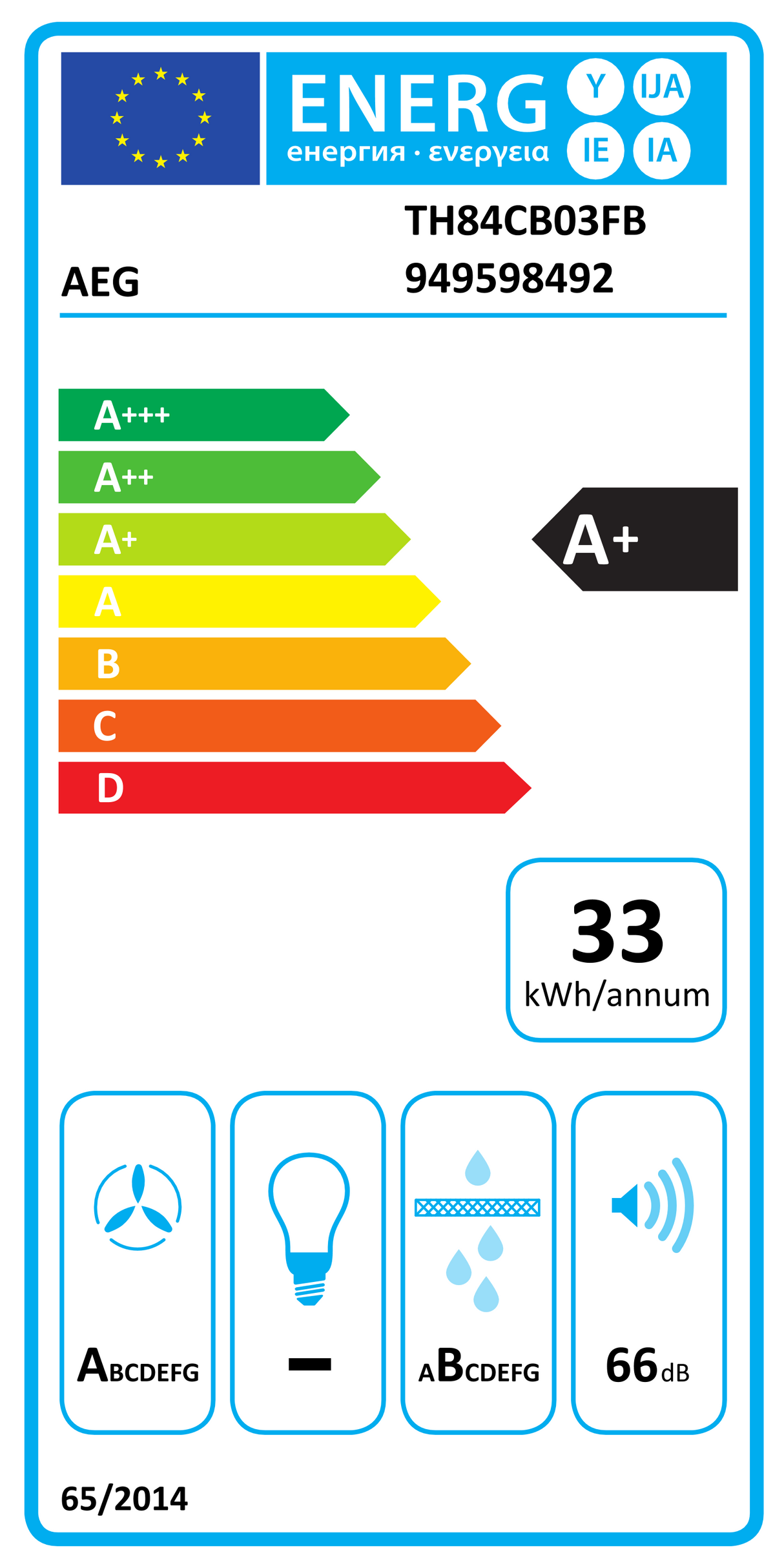 AEG Series 6000 TH84CB03FB 81cm Induction Hob with Venting Extraction in Black - A+ Rated - HW181702-03 from HomeWise Appliances. Stock Photo showing A+Rated Energy Efficiency Label.