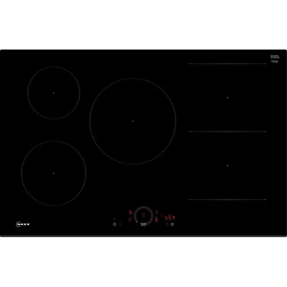 Neff T58FHW1L0 N70 80cm 5-Zone Induction Hob with Twist Touch® from HomeWise Appliances. Stock photo of the glass ceramic surface.