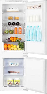 Teknix BITH70FF 70/30 Integrated Fridge Freezer with Total No Frost - 246 Litres - E Rated stock photo front with doors open and contents inside.
