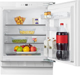 Teknix BITHUL4 Integrated Undercounter Larder Fridge - Built In with 138 Litre Capacity - Reversible Door - Digital Controls - White [Energy Class E]  stock photo door open with contents