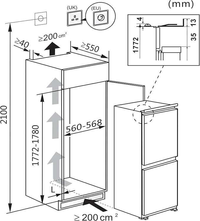 Teknix BITH70FF 70/30 Integrated Fridge Freezer with Total No Frost - 246 Litres - E Rated stock photo fitting and installation sizes diagram