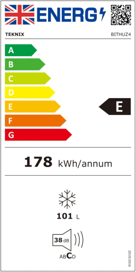 Teknix BITHUZ4 Integrated Undercounter Freezer - Built In with 101 Litre Capacity - Reversible Door - Digital Controls - White [Energy Class E] stock photo Energy label