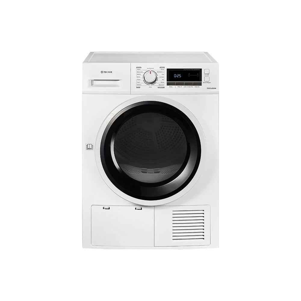 Teknix TK2CLED8W 8KG Condenser Tumble Dryer in White - B Rated from HomeWise Appliances. Stock photo showing front of the appliance 