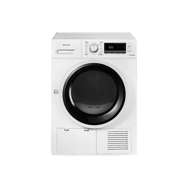 Teknix TK2CLED8W 8KG Condenser Tumble Dryer in White - B Rated from HomeWise Appliances. Stock photo showing front of the appliance 