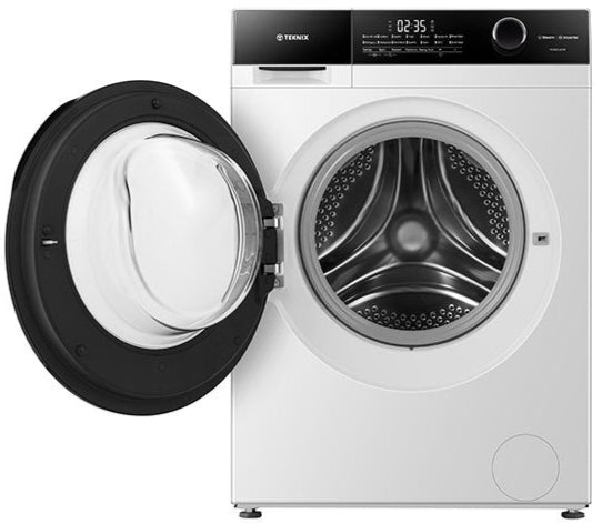 White front-loading washing machine with open door on a white background