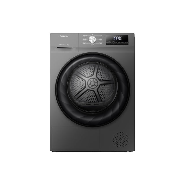 Teknix TKHP8HS 8KG Heat Pump Dryer in Titanium - A++ Rated stock photo front of the dryer.