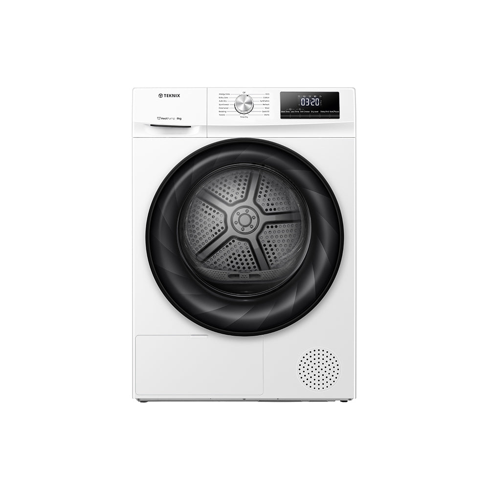 Teknix TKHP8HW 8KG Heat Pump Dryer in White - A++ Rated stock photo front of the dryer.