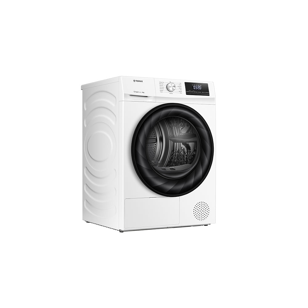 Teknix TKHP8HW 8KG Heat Pump Dryer in White - A++ Rated. Stock photo of the front angled showing left side panel.
