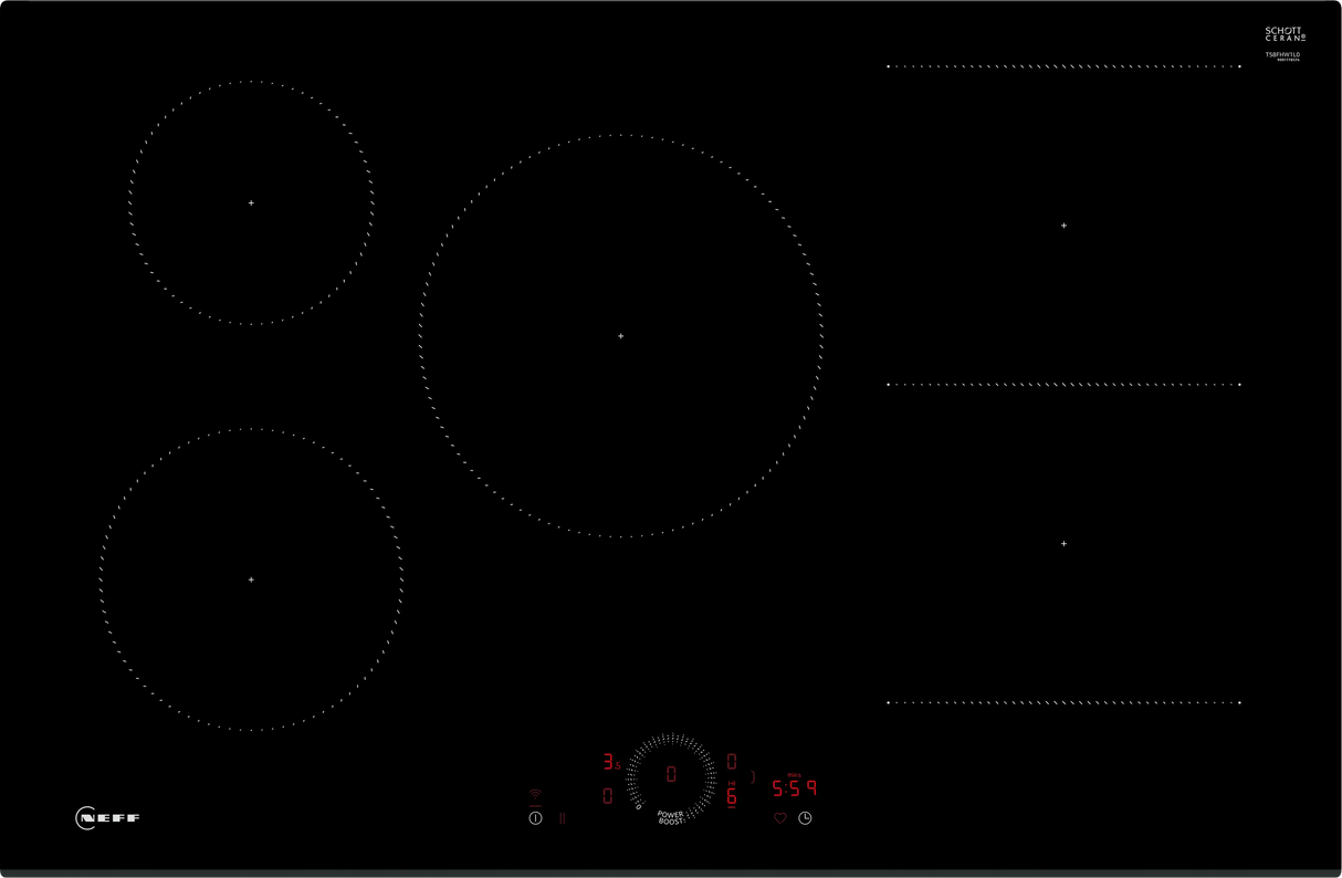Neff T58FHW1L0 N70 80cm 5-Zone Induction Hob with Twist Touch® from HomeWise Appliances. Stock photo of zone markings on the glass ceramic surface.