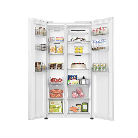 Teknix TX2SBS1791PW American Fridge Freezer in White - 523 Litre Capacity - E Rated - POHW0130 from HomeWise Appliances. Stock photo both doors open revealing how contents would look when loaded.