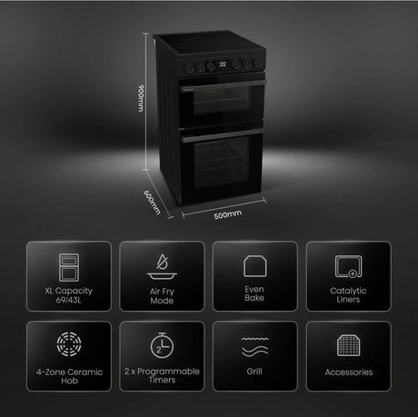 Hisense HDCEC5C10B (07) 50cm Electric Ceramic Cooker with Double Oven and AirFry Function in Black - A Rated - (Ex Display) _ HW182307