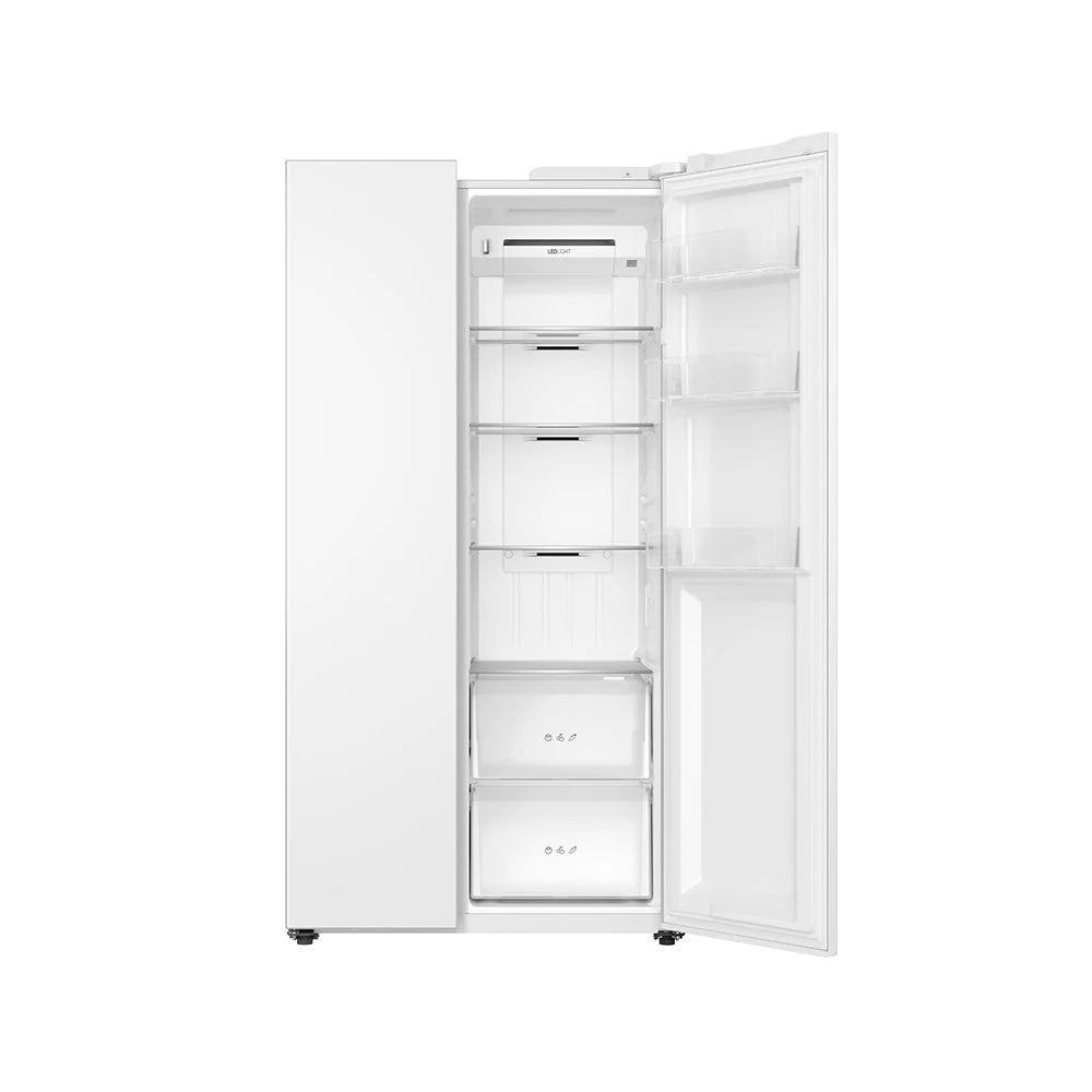 Teknix TX2SBS1791PW American Fridge Freezer in White - 523 Litre Capacity - E Rated - POHW0130 from HomeWise Appliances. Stock photo fridge door open showing the compartment layout.