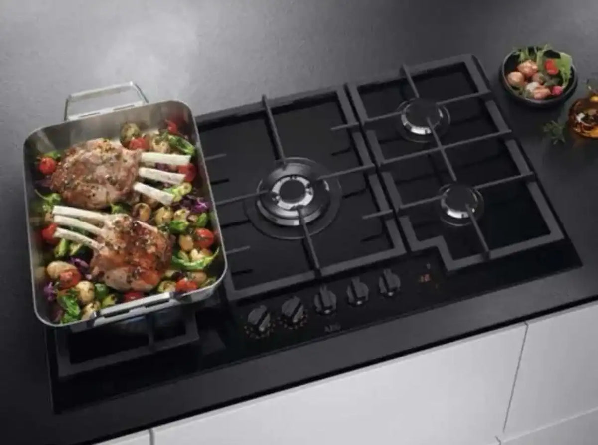 AEG HKB95450NB (59) 5 Burner 88cm Gas on Glass Hob with Cast Iron Pan Supports - (Tatty Packaging) - HW182859