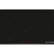 Bosch Series 6 PIV831HB1E 80cm 5-Zone Induction Hob in Black - Wi-Fi Enabled stock photo showing glass ceramic surface with markings and red control illumination.