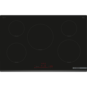 Bosch Series 6 PIV831HB1E 80cm 5-Zone Induction Hob in Black - Wi-Fi Enabled stock photo showing glass ceramic surface with markings and red control illumination.