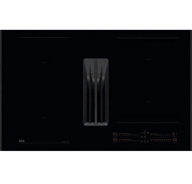 AEG Series 7000 NCH84C23AB 80cm Induction Hob with Venting Extraction and SenseFry® in Matt Black - A+ Rated. Stock photo showing hob surface with integrated extraction.