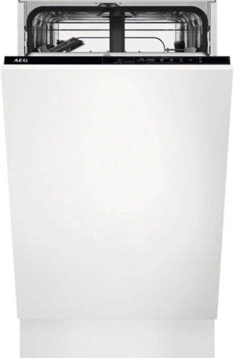 AEG FSX51407Z Series 5000 AirDry 45cm Integrated Slimline Dishwasher with Black Control Panel, F Rated from HomeWise Appliances. Stock photo front of appliance with decor panel fitted.