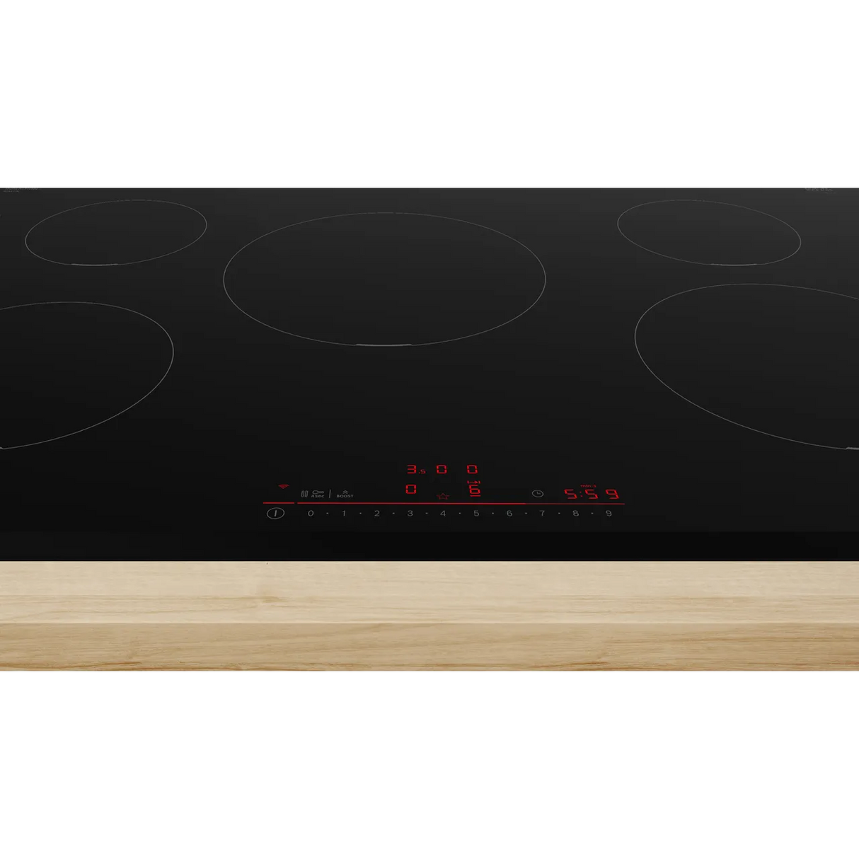 Bosch Series 6 PIV831HB1E 80cm 5-Zone Induction Hob in Black - Wi-Fi Enabled  close of the hob surface showing the controls illuminated.