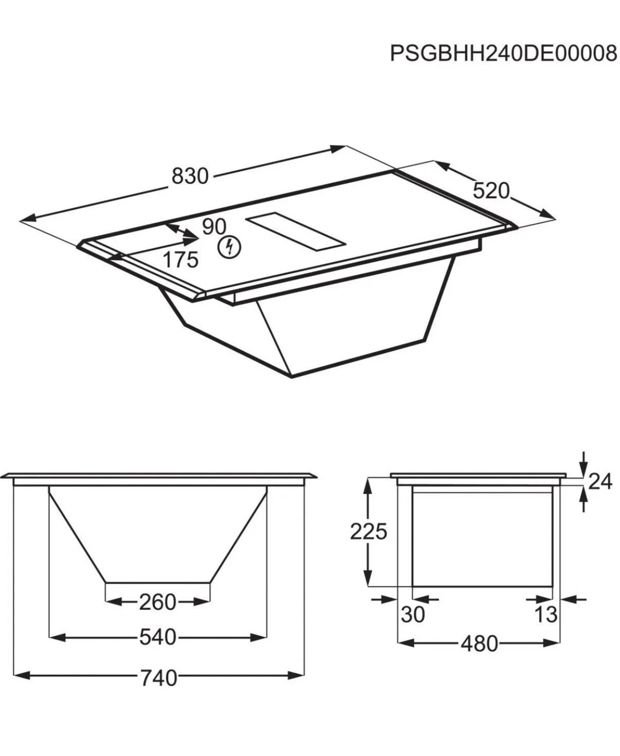 AEG Series 7000 NCH84C23AB 80cm Induction Hob with Venting Extraction and SenseFry® in Matt Black - A+ Rated. Stock photo dimensions of the hob with extraction built in.