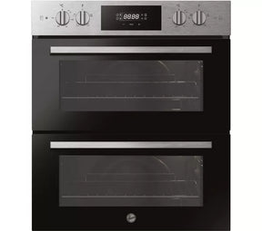 Hoover HO7DC3B308IN Electric Built-under Double Oven in Stainless Steel & Black - A/A Rated from HomeWise Appliances. Stock photo front of the oven.