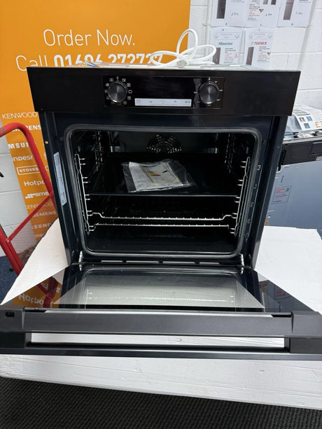 Hisense BI62211CB (40) Electric Single Oven in Black - A Rated - HW181540 shop photo front of oven with the door open.