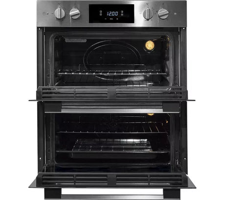 Hoover HO7DC3B308IN Electric Built-under Double Oven in Stainless Steel & Black - A/A Rated from HomeWise Appliances. Stock photo front of the oven with doors open.