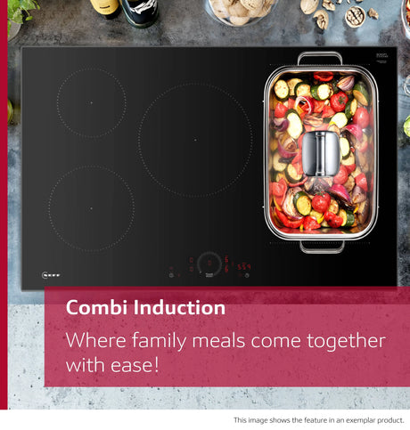 Neff T58FHW1L0 N70 80cm 5-Zone Induction Hob with Twist Touch® from HomeWise Appliances. Stock photo graphic showing Combi Induction. Where family meals come together with ease.