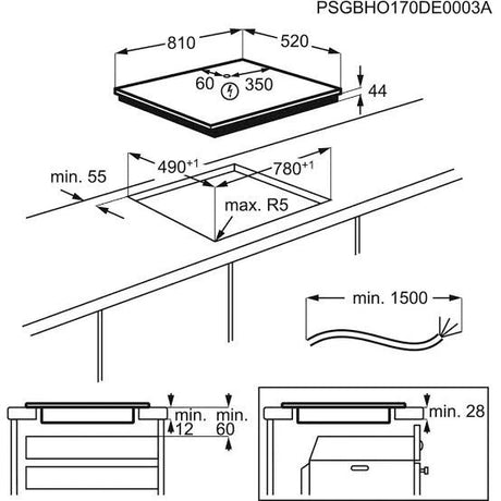 AEG IKE85651 80cm Multibridge Induction Hob from HomeWise Appliances stock photo showing installation diagram with cutout measurements.