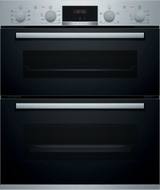 Bosch Series 4 NBS533BS0B Electric Built-Under Electric Double Oven in Stainless Steel from HomeWise Appliances. Stock photo showing front of the oven with red led display illuminated.