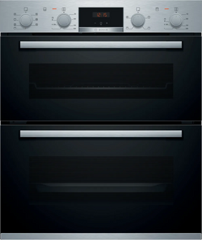 Bosch Series 4 NBS533BS0B Electric Built-Under Electric Double Oven in Stainless Steel from HomeWise Appliances. Stock photo showing front of the oven with red led display illuminated.