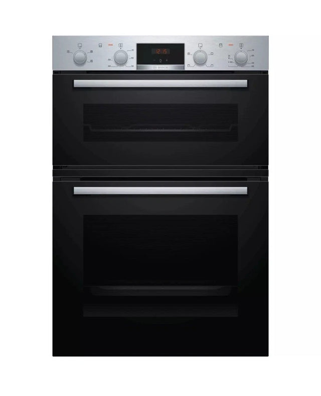 Bosch Series 2 MHA133BR0B (79) Built In Electric Double Oven in Stainless Steel from HomeWise Appliances. Stock photo showing front of oven with doors closed.