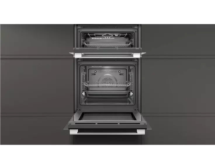 Neff N50 U1ACE2HN0B (10) Built-In Electric Double Oven in Stainless Steel - A Rated from HomeWise Appliances stock photo artist impression with doors open showing the grill and fan assisted main cavity